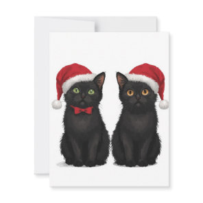 Two Black Kittens Santa Hat Christmas Holiday Card