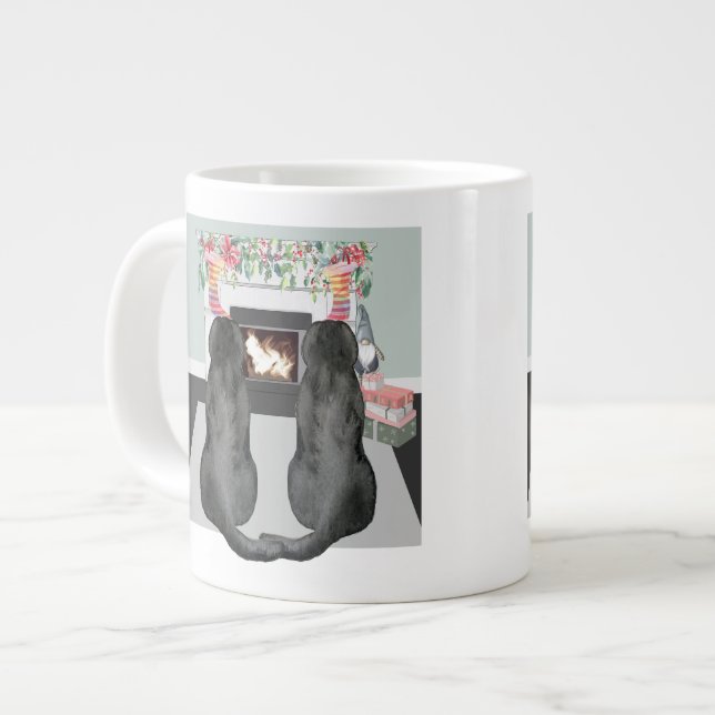Two Black Labrador Dogs Christmas Fireplace Scene Giant Coffee Mug (Front Left)