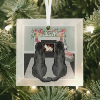 Two Black Labrador Dogs Christmas Fireplace Scene Glass Ornament