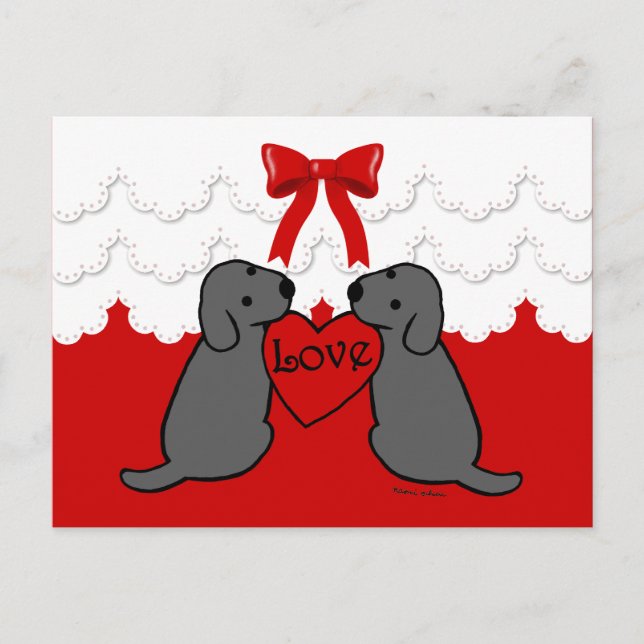 Two Black Labradors with Love Cartoon Lace Postcard (Front)