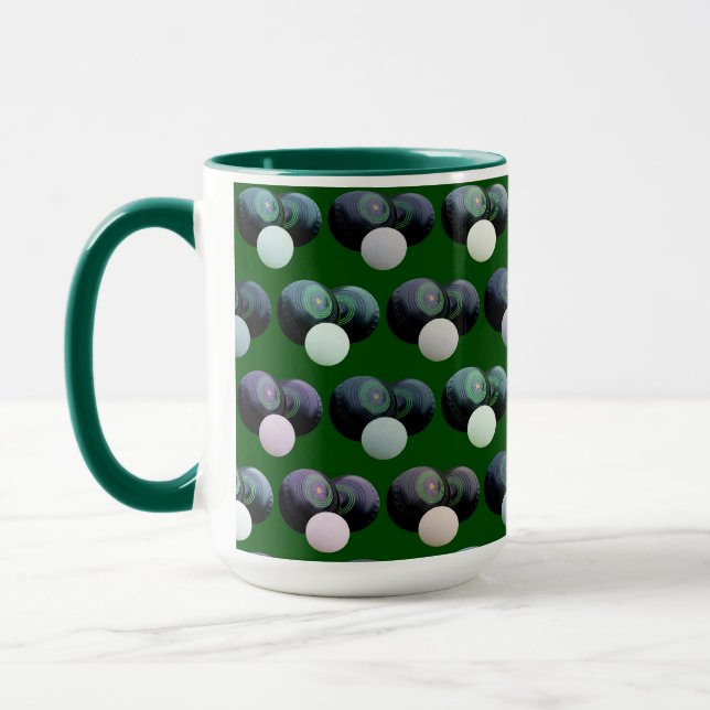 Two Black Lawn Bowls With Jack On Green, Mug (Left)