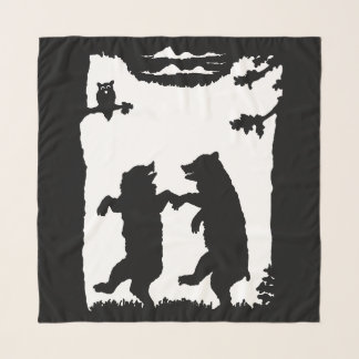 Two Black Silhouette Bears Dancing Together Trees Scarf