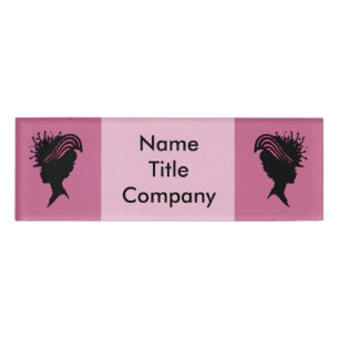 Two Black Silhouettes Ladies in Fancy Hats Pink Name Tag