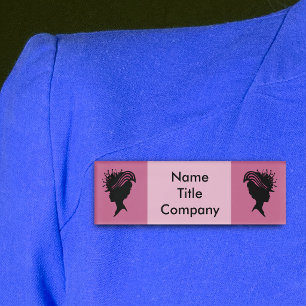 Two Black Silhouettes Ladies in Fancy Hats Pink Name Tag