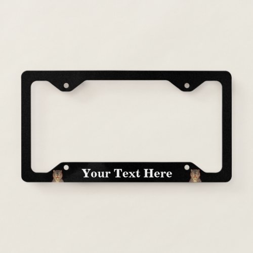 Two Black Striped Asian Fierce Tiger Heads Black License Plate Frame