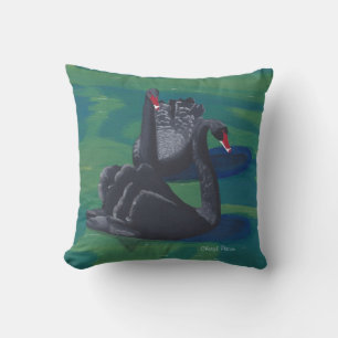 Two Black Swans  Swimming Painting Pillows