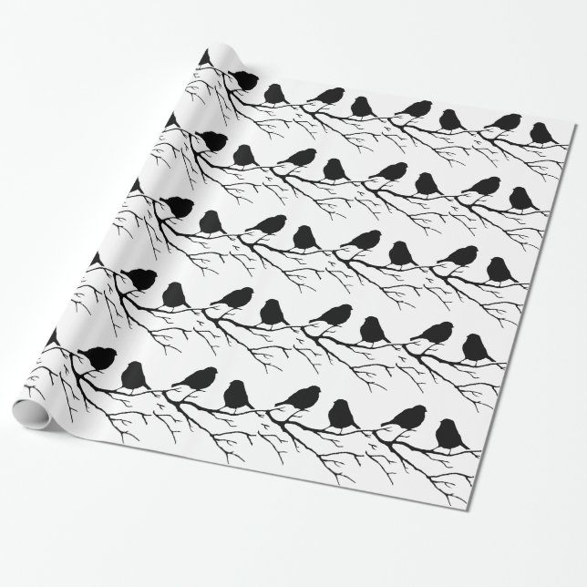 Two Black & White Bird Lovebird Couple Silhouette Wrapping Paper (Unrolled)