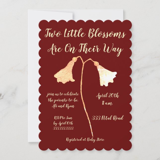 Two Blossoms Red Gold Flower Twins Baby Shower Invitation (Front)