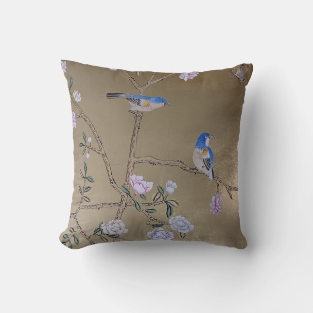 Two Blue Birds & Peony Oriental Botanical Throw Pillow (Front)