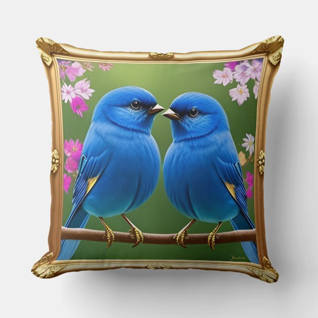 🐦 Two Blue Birds Throw Pillow Nature Home Decor  (Front)