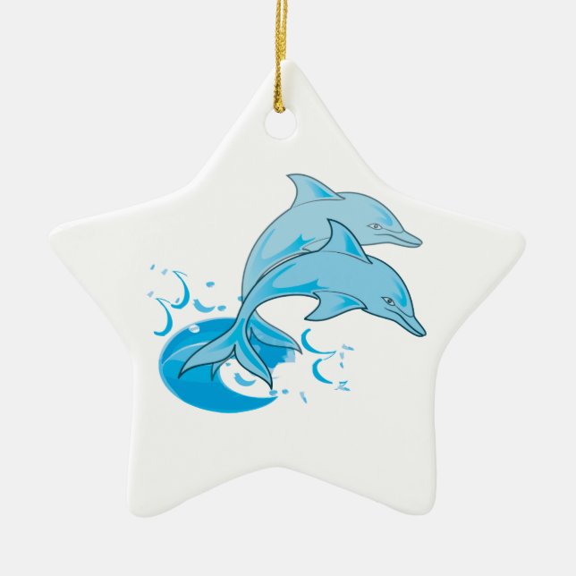 Two Blue Bottlenose Dolphins Jumping Out of Water Ceramic Ornament (Front)