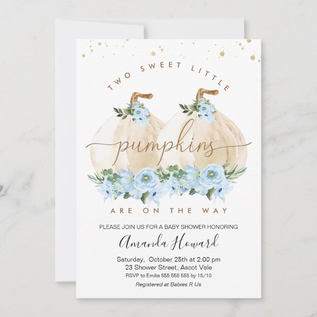 Two Blue Boys Little Pumpkin Floral Baby Shower Invitation (Front)