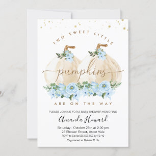 Two Blue Boys Little Pumpkin Floral Baby Shower Invitation