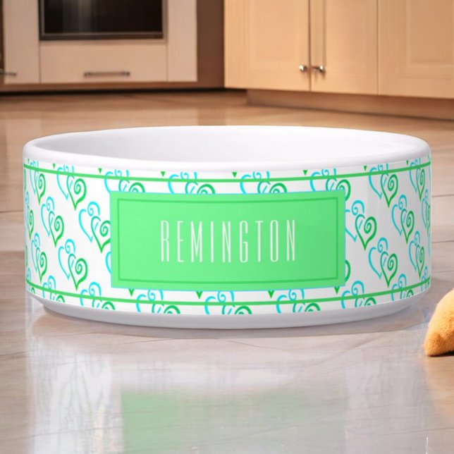 Two Blue Green Linked Hearts Pattern Custom Bowl (custom pet bowl front green linked hearts)