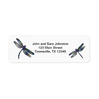 Two Blue Iridescent Dragonflies Label by timelesscreations at Zazzle
