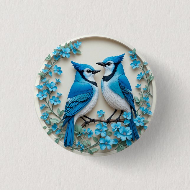 Two Blue Jays Resting on a Branch Button (Front)