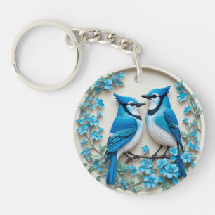 Two Blue Jays Resting on a Branch Keychain