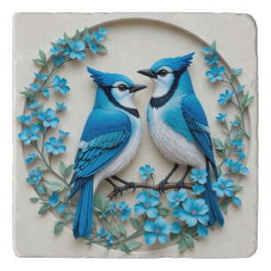 Two Blue Jays Resting on a Branch Trivet