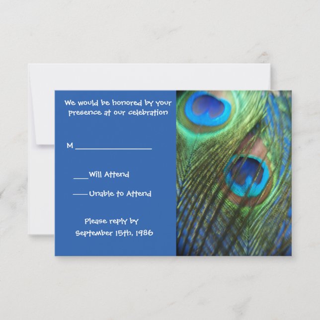 Two Blue Peacock Feathers RSVP Card (Front)