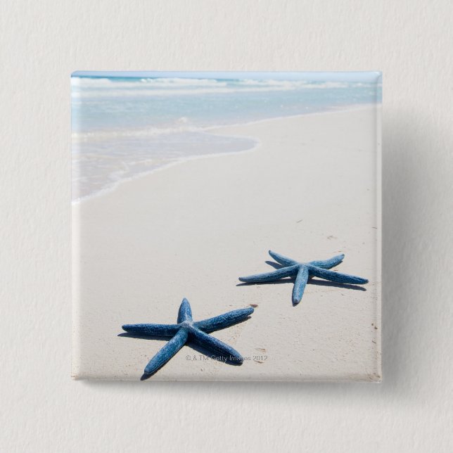 Two blue starfish at water's edge on tropical pinback button (Front)