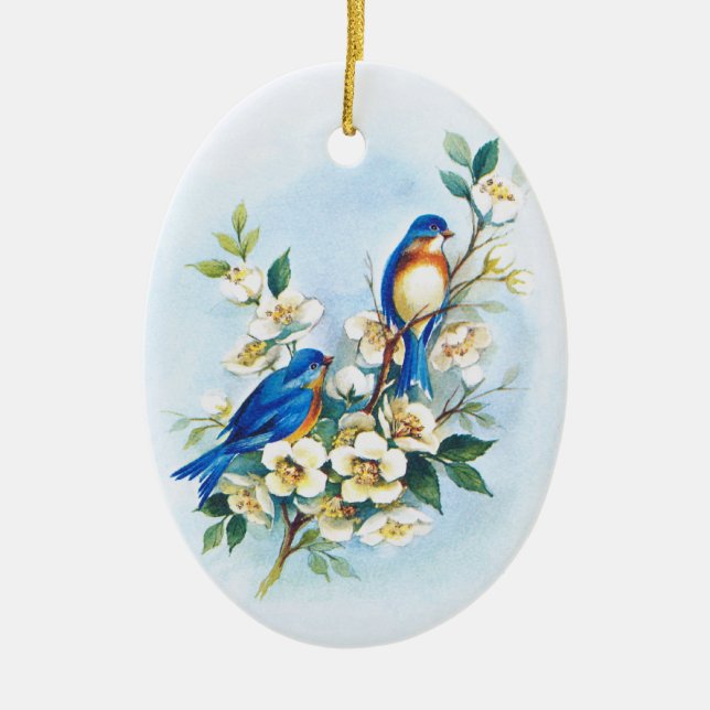Two Bluebirds Ceramic Ornament (Front)
