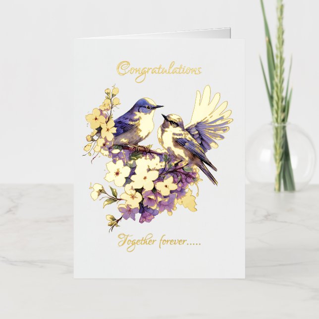 Two Bluebirds In Love Gold Foil Wedding Foil Greeting Card (Front)