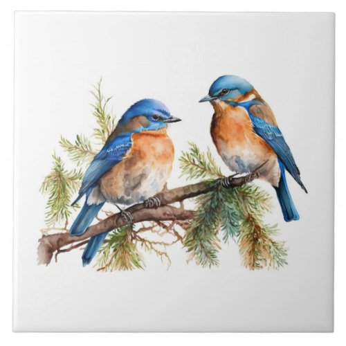 Two Bluebirds On a Branch Ceramic Tile