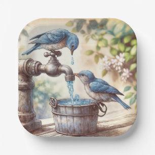 Two Bluebirds On a Retro Faucet Paper Plates