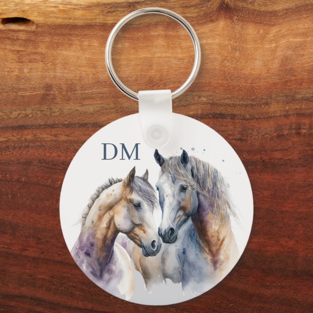 Two Boho Style Horses Monogram Keychain (Front)