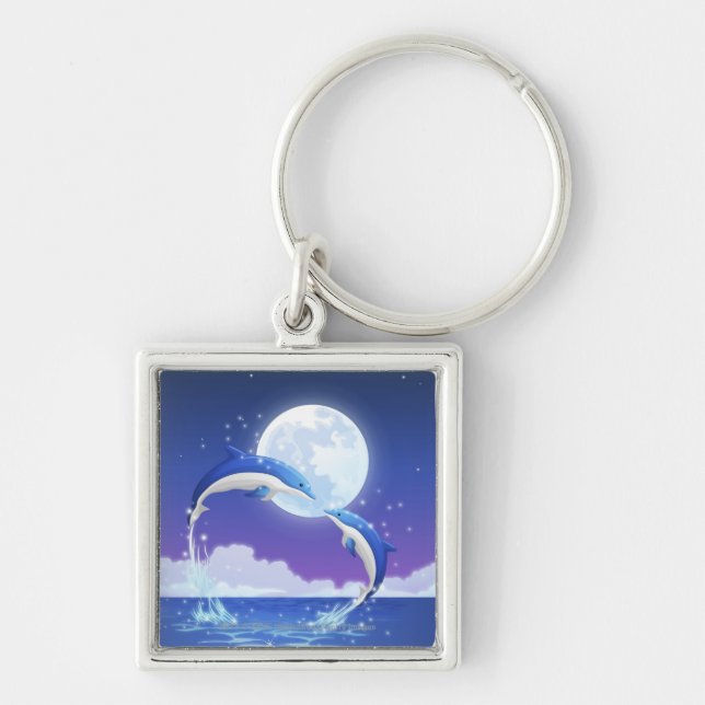 Two bottle-nosed dolphins jumping out of water keychain (Front)