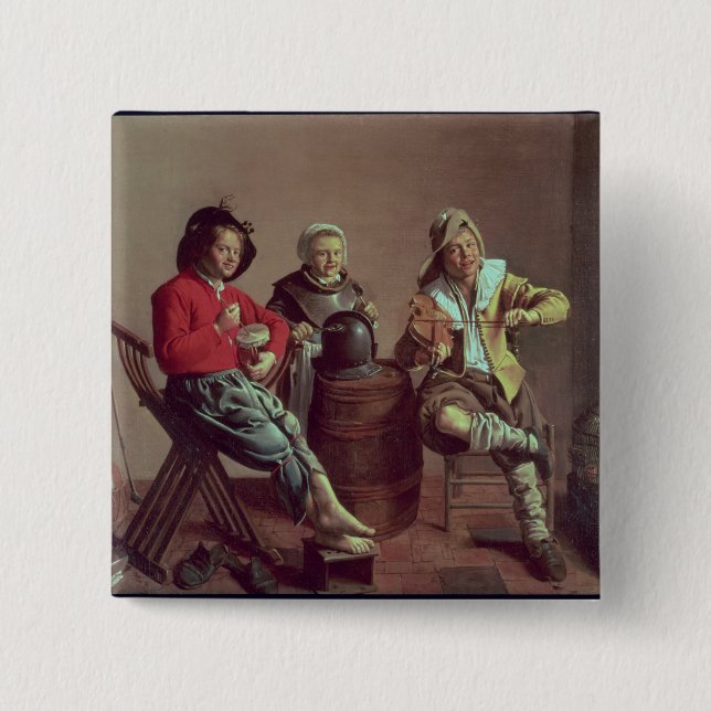 Two Boys and a Girl Making Music, 1629 Pinback Button (Front)