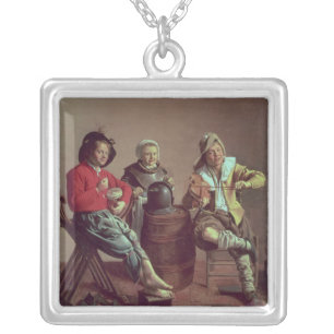 Two Boys and a Girl Making Music, 1629 Silver Plated Necklace
