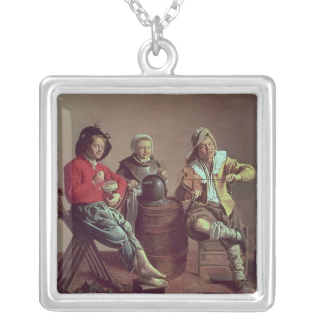 Two Boys and a Girl Making Music, 1629 Silver Plated Necklace (Front)