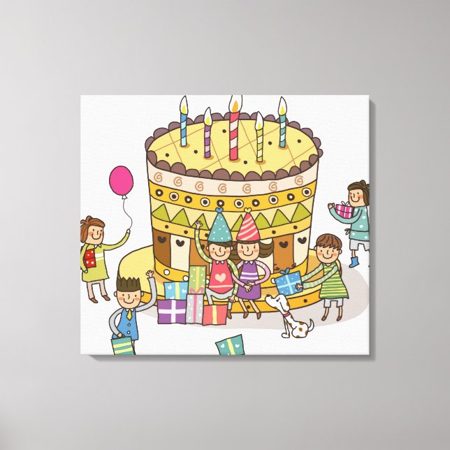 Two boys and three girls in a birthday party canvas print (Front)