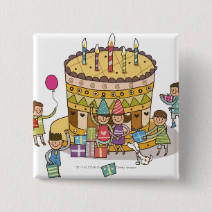 Two boys and three girls in a birthday party pinback button