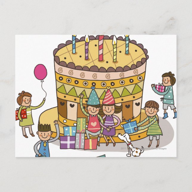 Two boys and three girls in a birthday party postcard (Front)