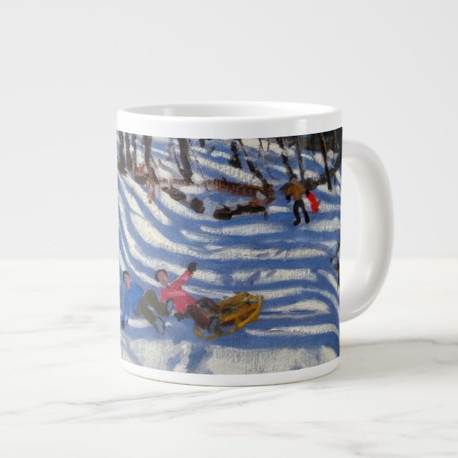 Two boys falling off a sledge Morzine Large Coffee Mug (Front Right)