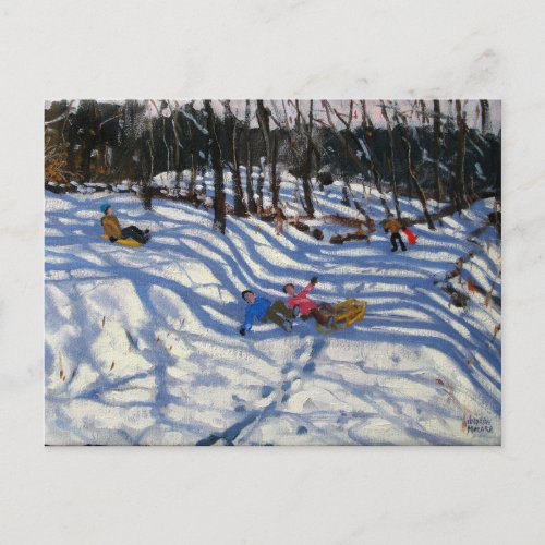 Two boys falling off a sledge Morzine Postcard