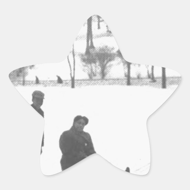 Two Boys Pulling Two Girls on Sleds Star Sticker (Front)
