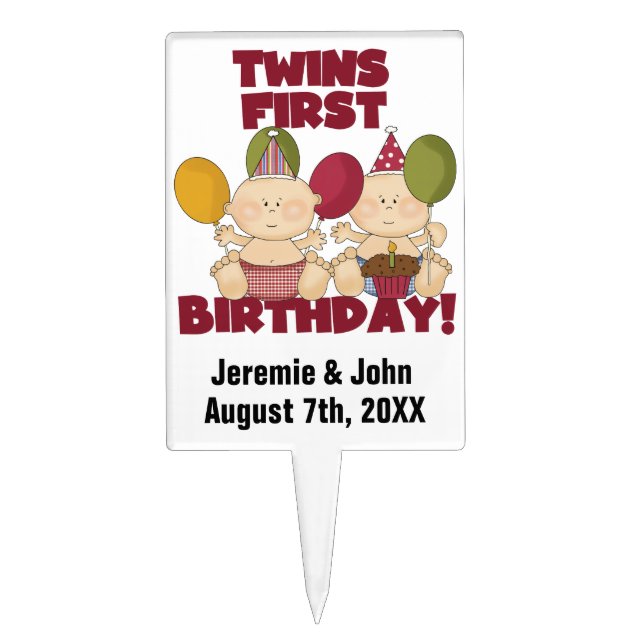 Two Boys Twins First Birthday Cake Topper (Front)