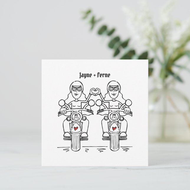 Two Brides Biker Motorcycle Evening Wedding Invitation (Standing Front)
