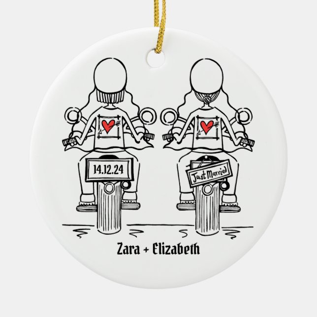 Two Brides Biker Motorcycle Wedding Ceramic Ornament (Front)