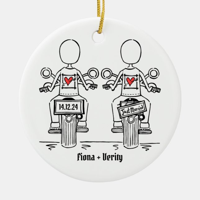 Two Brides Biker Motorcycle Wedding Ceramic Ornament (Front)
