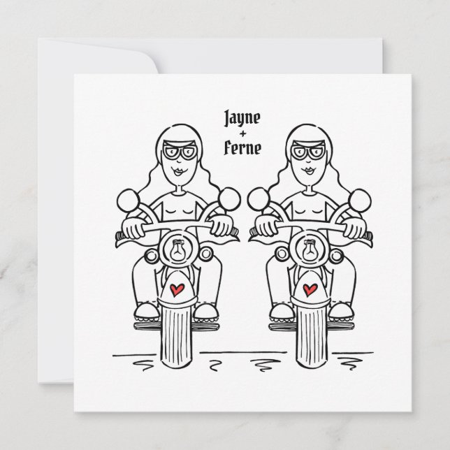 Two Brides Biker Motorcycle Wedding Evening Invitation (Front)