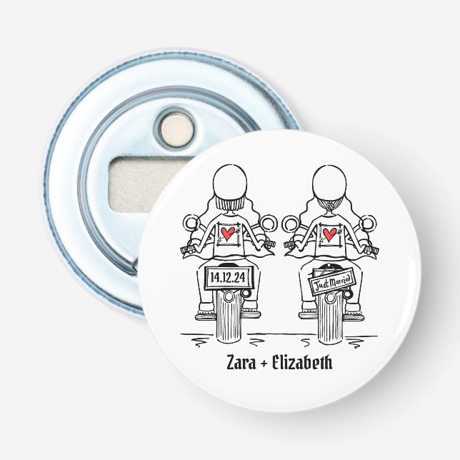 Two Brides Biker Motorcycle Wedding Favor Bottle Opener (Front)