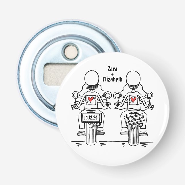 Two Brides Biker Motorcycle Wedding Favor Bottle Opener (Front)