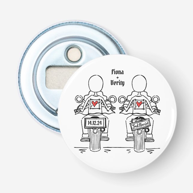 Two Brides Biker Motorcycle Wedding Favor Bottle Opener (Front)