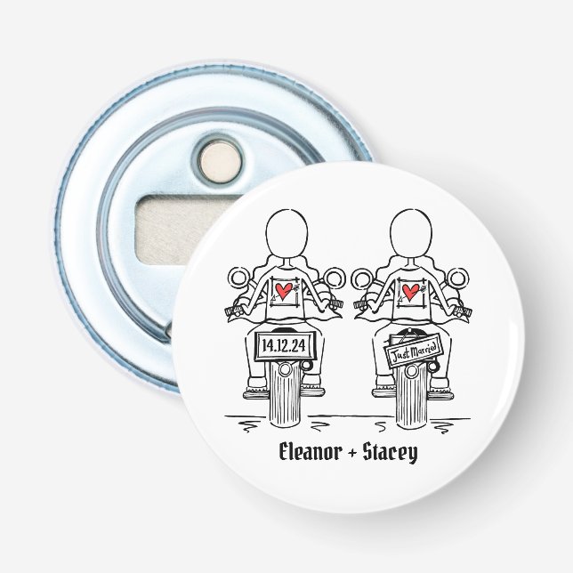 Two Brides Biker Motorcycle Wedding Favor Bottle Opener (Front)
