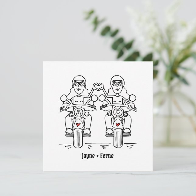 Two Brides Biker Motorcycle Wedding Invitation (Standing Front)