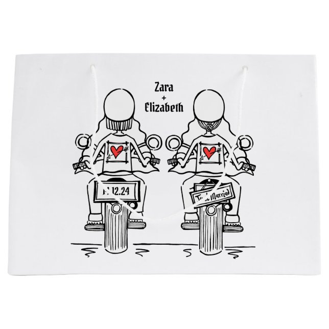 Two Brides Biker Motorcycle Wedding Large Gift Bag (Front)